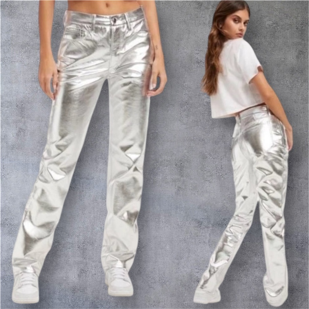 GOOD AMERICAN Gray Metallic Faux Leather Pants
